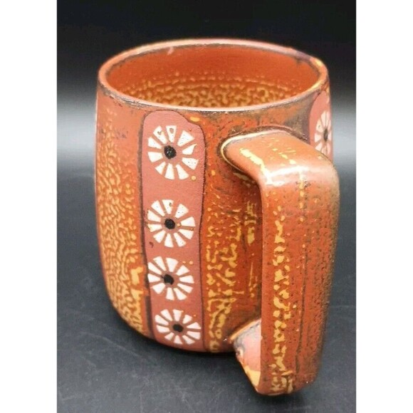 MCM Redware Mug Brown Yellow Floral Daisy Square Handle - Picture 4 of 8